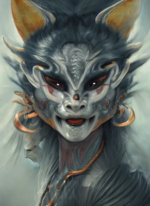 Image similar to a beautiful detailed oil on copper art illustration of a japanese oni kitsune mask devil woman, the mask is broken, centered, by charlie bowater, zeng fanzh, trending on artstation, dim dusk lighting, cinematic lighting, detailed lighting, volumetric lighting, realistic, f 8, 4 k hd wallpaper