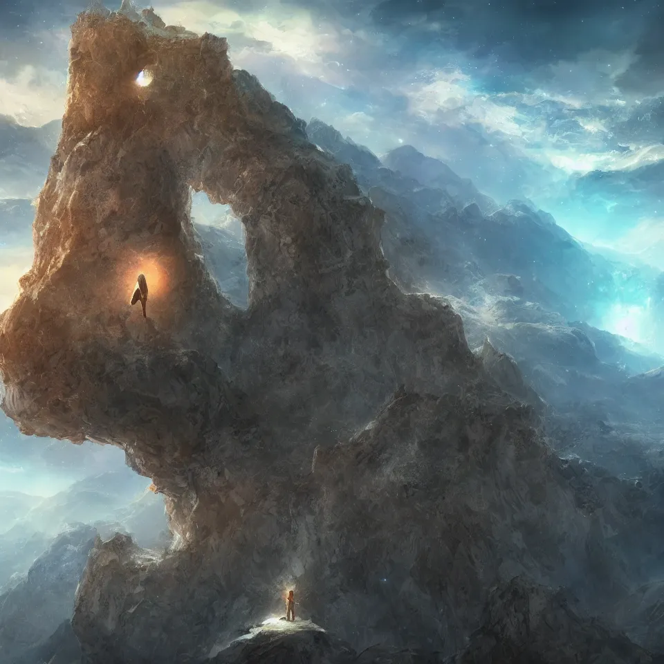 Image similar to man standing on edge of the mountain, galaxy in the sky,digital art, concept art, fantasy art, highly detailed, HD wallpaper, artstation, Deviantart, abeyance