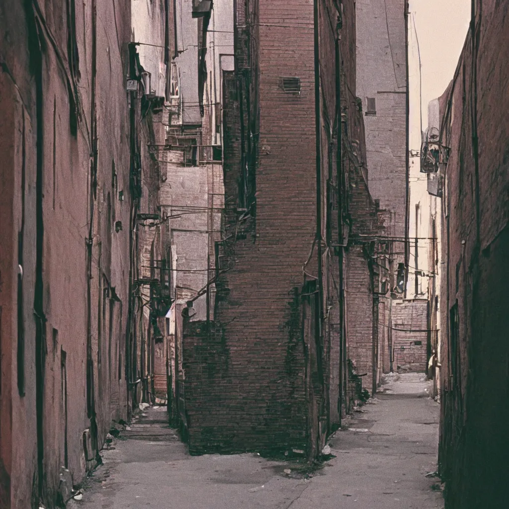 Prompt: photograph of a back alley in 1970s. kodak portra film.