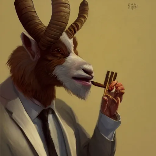 Image similar to award winning character art commission of an anthro furry humanoid goat smoking a cigar, three piece suit, character concept design, painting, detailed, vivid, trending on artstation, art by greg rutkowski