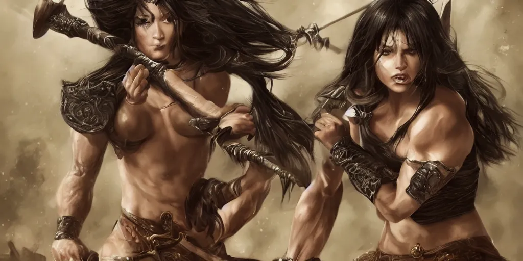 Prompt: an action photo of a black haired woman in a black tank top in a sword fight, muscular upper body, abs, d & d, fantasy, intricate, elegant, highly detailed, realistic, trending on artstation