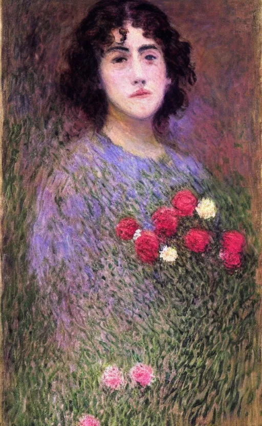 Prompt: portrait by claude monet! of a young woman, frizzy hair! short hair! flowers in the hair, 1 9 th century!