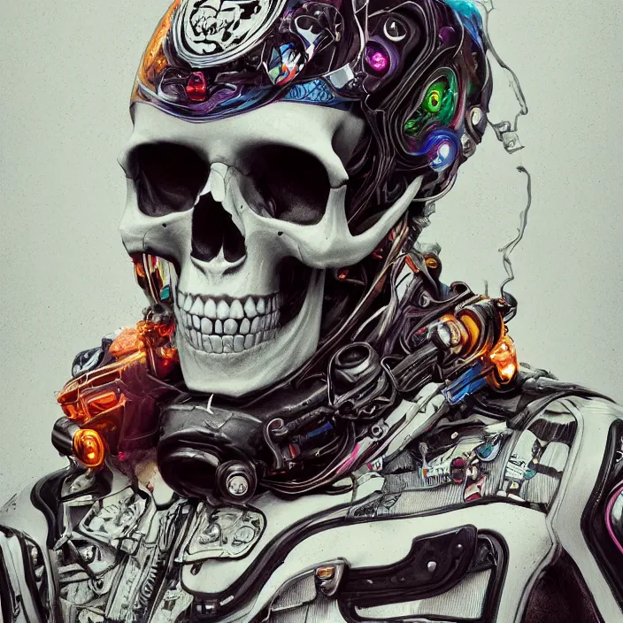 Image similar to portrait of a skull in a racing suit. intricate abstract. intricate artwork. nightmare fuel. by Tooth Wu, wlop, beeple, dan mumford. octane render, trending on artstation, greg rutkowski very coherent symmetrical artwork. cinematic, hyper realism, high detail, octane render, 8k, iridescent accents