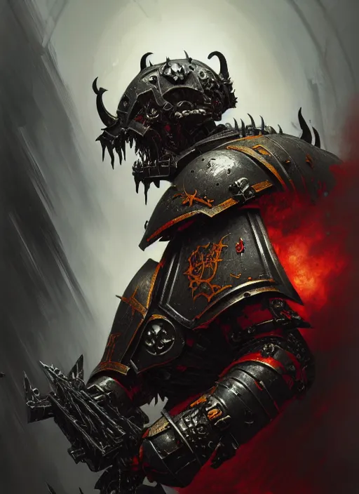 Prompt: portrait of a chaos space marine, evil, grim dark, gloomy, mist, warhammer 4 0 k, intricate, unholy, highly detailed, digital painting, artstation, concept art, smooth, sharp focus, illustration, art by wlop, mars ravelo and greg rutkowski