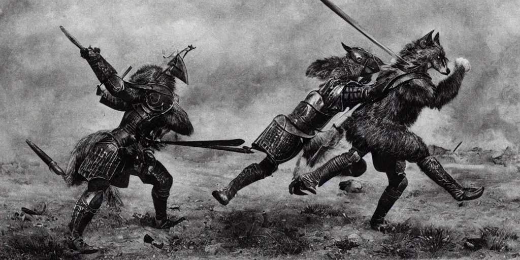 Prompt: anthropomorphic furry wolf in armor fighting in a battlefield, 1900s picture