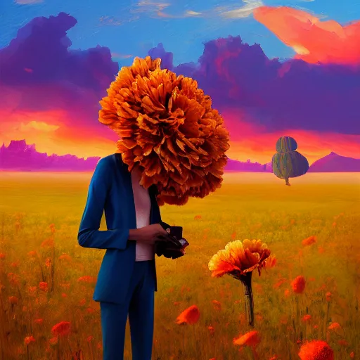 Image similar to giant carnation flower head girl, suit, desert, surreal photography, sunrise, dramatic light, impressionist painting, digital painting, artstation, simon stalenhag