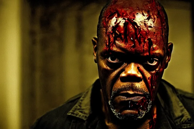 Image similar to samuel l. jackson as a zombie, blood, decay, cinematic lighting, portrait, medium shot, horror movie still