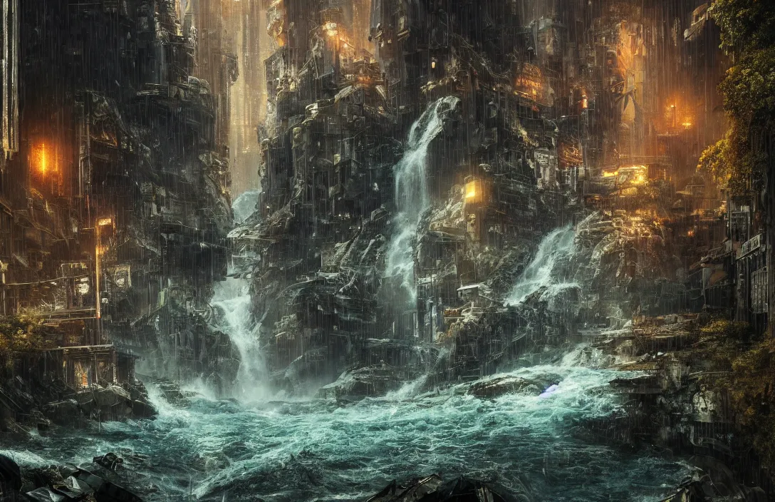 Image similar to a highly detailed abandoned blade runner cyberpunk environment on the edge of a waterfall, detailed intelligent scrollwork, hyperreal phantastic, intricate details in environment, luminance, golden ratio, high aestehtic, cinematic light, dramatic light, godrays, distance, photobash, wideangle, bierstadt, hyperreal 4 k