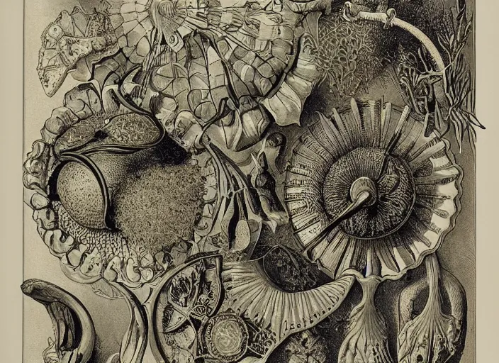 Prompt: the alembic of literary dreams, full colour, 3 d shaded, by ernst haeckel,