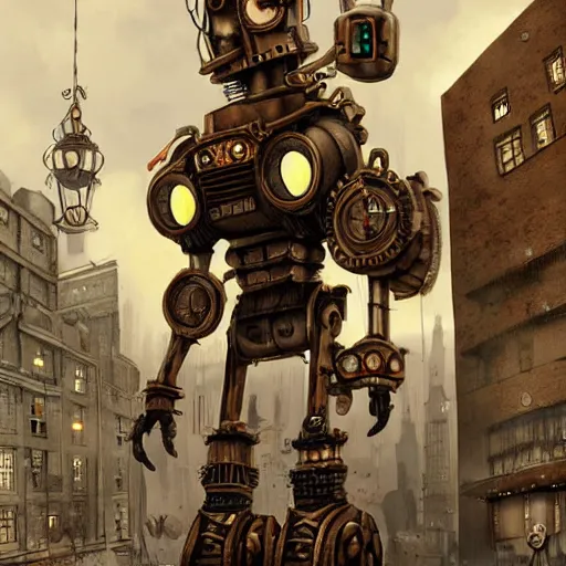 Image similar to Gigantinc steampunk robot standing in a steampunk city, digital art, artstation, detailed, realistic