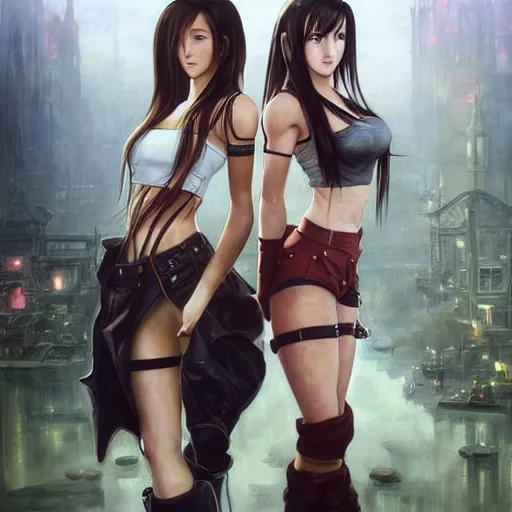 Prompt: a painting of tifa lockhart and aerith gainsborough from final fantasy 7, standard clothing from the conceptual art, the midgard steam punk city as backdrop, by greg rutkowski, artgerm, wlop, ruan jia, krenz cushart, alphonse mucha, rain, fog, unreal engine 5