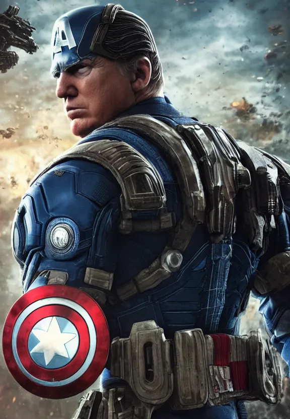 Image similar to Portrait of Donald Trump as captain america in Gears of War, splash art, movie still, cinematic lighting, dramatic, octane render, long lens, shallow depth of field, bokeh, anamorphic lens flare, 8k, hyper detailed, 35mm film grain