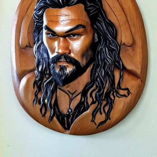 Prompt: wood carving of jason momoa