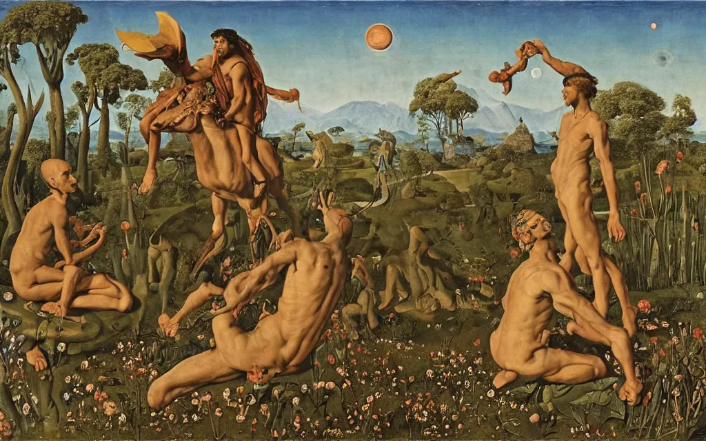 Image similar to a portrait photograph of a meditating satyr and a centaur monk riding a rocket machine and hunting at a river delta. surrounded by bulbous flowers and trees. mountain range under a blue sky of fiery stars. by jan van eyck, max ernst, ernst haeckel, ernst fuchs and artgerm, cgsociety, fashion editorial, 8 k