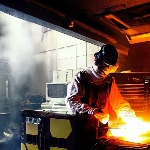 Image similar to cyborg toaster oven repairman, dark messy smoke - filled cluttered workshop, dark, dramatic lighting, orange tint, sparks, plasma rays, cinematic, highly detailed, sci - fi, futuristic, movie still