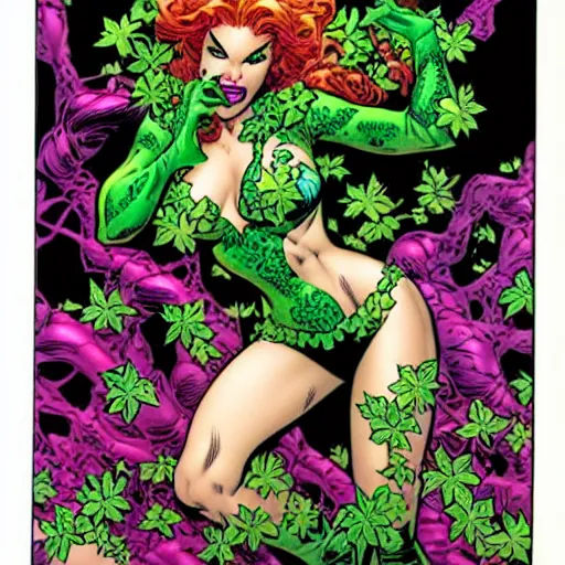 Image similar to Poison Ivy, comic portrait by J Scott Campbell, intricate details, vintage comic book cover scan