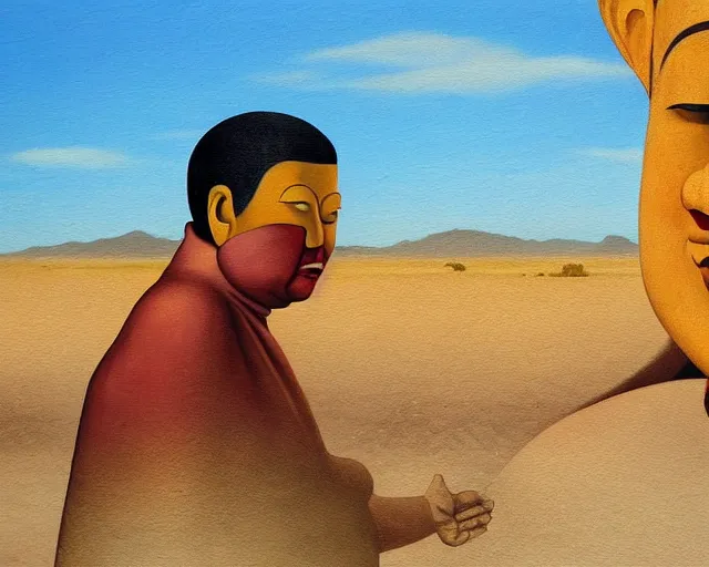 Image similar to a surreal painting of a man meeting giant buddahs eyes in the desert