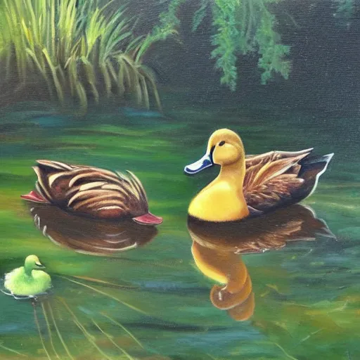 Prompt: a beautiful oil painting of two ducks in a pond