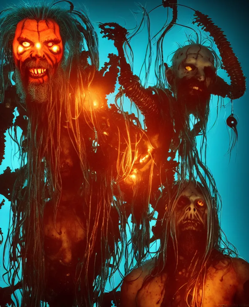 Image similar to Rob Zombie and Captain Spalding (The Devils Rejects), epic angle and pose, symmetrical artwork, 3d with depth of field, blurred background, cybernetic jellyfish female face skull phoenix bird, translucent, nautilus, energy flows of water and fire. a highly detailed epic cinematic concept art CG render. made in Maya, Blender and Photoshop, octane render, excellent composition, cinematic dystopian brutalist atmosphere, dynamic dramatic cinematic lighting, aesthetic, very inspirational, arthouse. y Greg Rutkowski, Ilya Kuvshinov, WLOP, Stanley Artgerm Lau, Ruan Jia and Fenghua Zhong