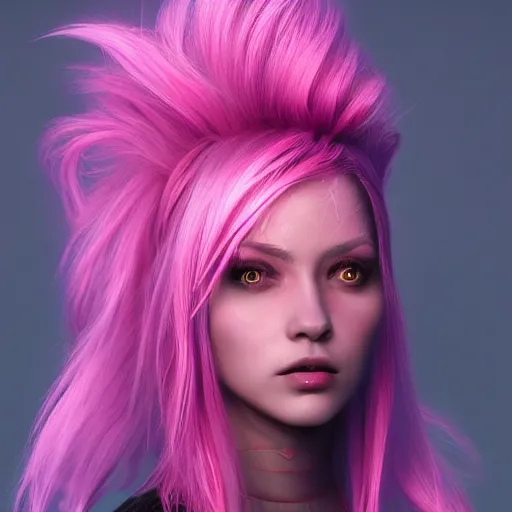Image similar to Portrait of a woman with bright glowing strands of hair, pink dyed hair and a fringe, posing ready for a fight, artstation, cgsociety, masterpiece