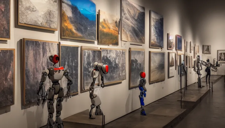 Prompt: photo of robots in a gallery holding paintbrushes against photos of natural landscapes, dramatic lighting, 4 k