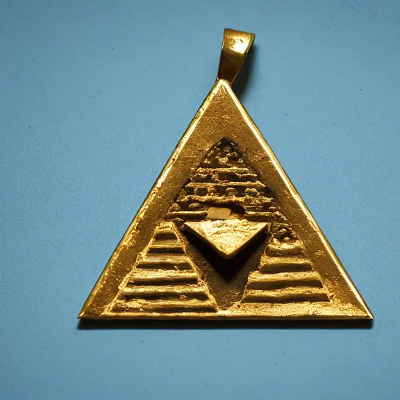 Image similar to An ancient egyptian pendant that looks like an upside-down pyramid with the wedjat eye engraved, dirty gold, splash art, movie still, cinematic lighting, dramatic, octane render, long lens, shallow depth of field, bokeh, anamorphic lens flare, 8k, hyper detailed, 35mm film grain