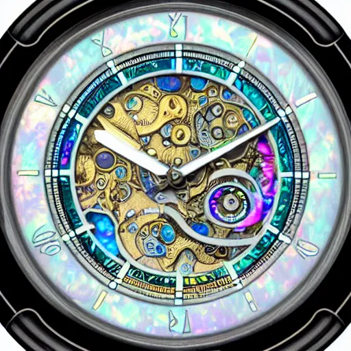 Image similar to detailed illustration of celestial watch from the far future with 3 7 descending dials and multiple glowing watch faces, mother of pearl opal, year 2 5 0 0, style of norman rockwell