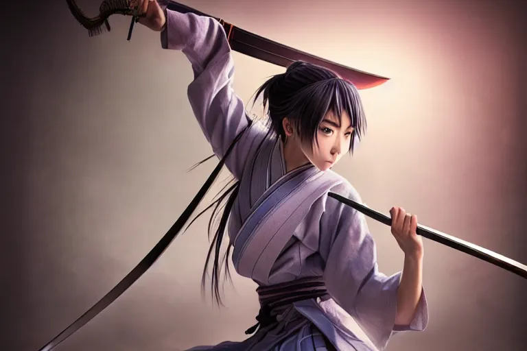 Prompt: highly detailed beautiful photo of a madison beer as a young female samurai, practising sword stances, art by koyoharu gotouge, symmetrical face, beautiful eyes, realistic. 8 k, award winning photo, pastels colours, action photography, 1 / 1 2 5 shutter speed, sunrise lighting,