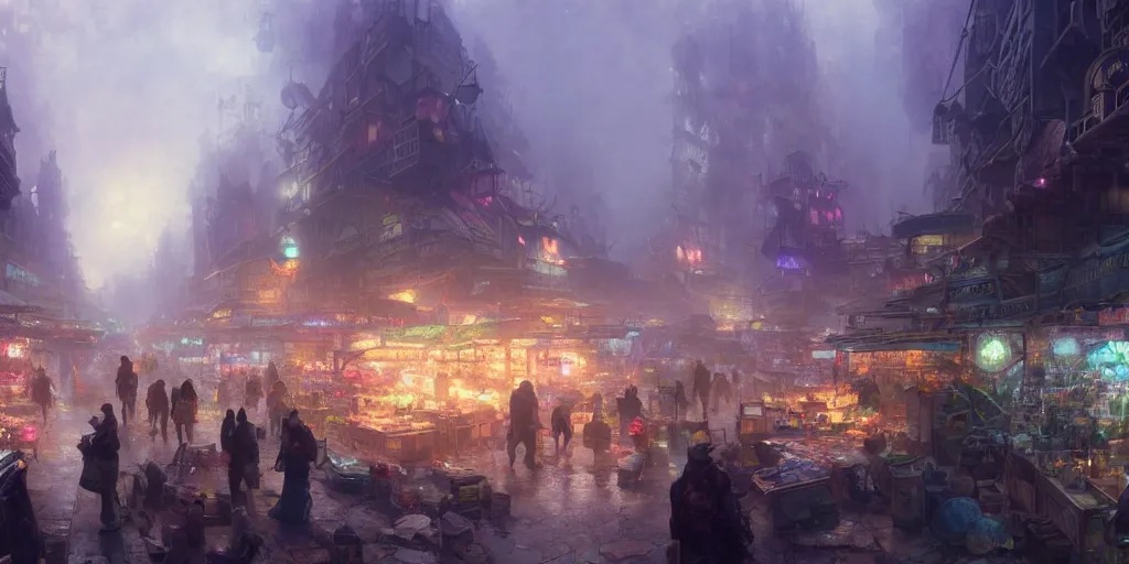 Prompt: screenshot of a bustling marketplace in a vast makeshift city in the clouds, mist, aurora borealis, dappled sunlight, biopunk, fps, thomas kinkade, by craig mullins, james gurney, greg rutkowski, sparth, mucha, cinematography, cinematic masterpiece