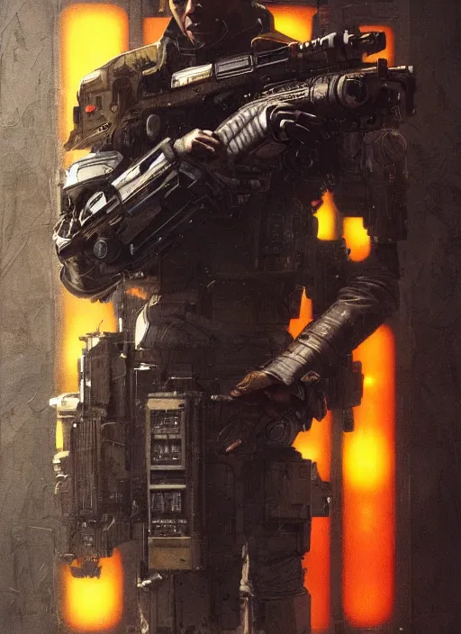 Image similar to dark skinned cyberpunk military man ( blade runner 2 0 4 9, dystopian, cyberpunk 2 0 7 7 character design ), advanced warfare, attractive face. portrait by james gurney and laurie greasley and yoji shinkawa, oil on canvas. cinematic composition, hyper realism, realistic proportions, anatomy, dramatic lighting, photorealistic, high detail, 4 k