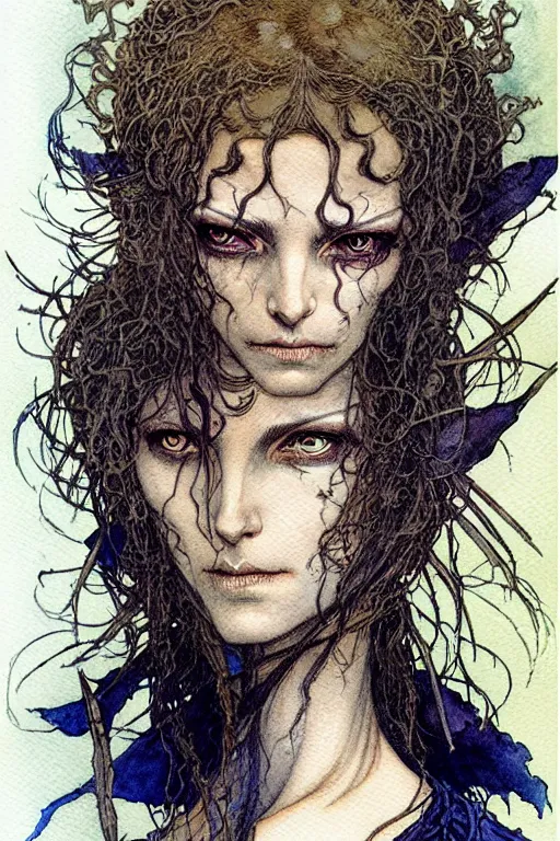 Prompt: a realistic and atmospheric watercolour fantasy character concept art portrait of a female necromancer looking at the camera with an intense gaze by rebecca guay, michael kaluta, charles vess and jean moebius giraud