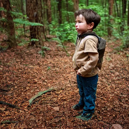 Prompt: A lost boy in the woods finds gingerbread crumbs, XF IQ4, 150MP, 50mm, f/1.4, ISO 200, 1/160s, natural light, Adobe Photoshop, Adobe Lightroom, DxO Photolab, Corel PaintShop Pro, rule of thirds, symmetrical balance, depth layering, polarizing filter, Sense of Depth, AI enhanced, sharpened, denoised, HDR, clean