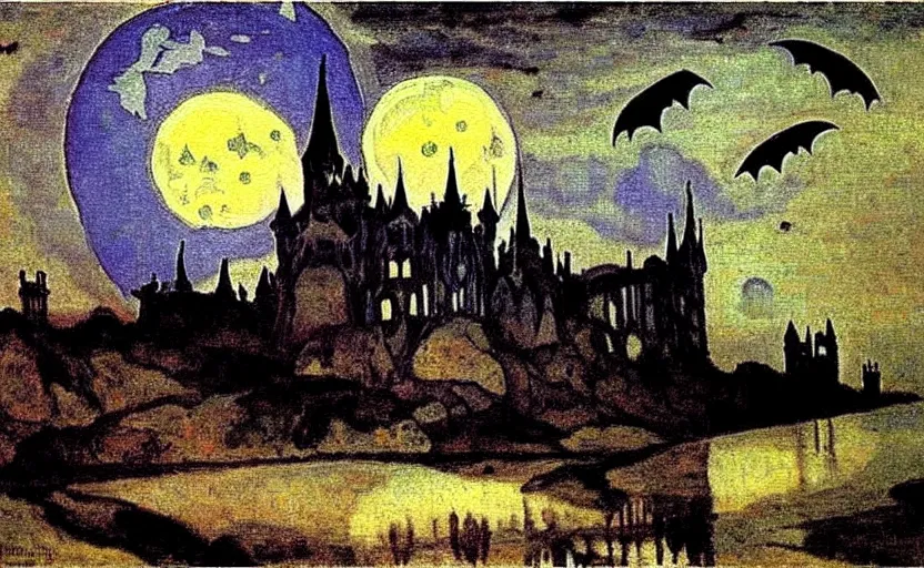 Prompt: oil painting by mikhail vrubel, full moon, french gothic burning! castle, bats flying away from castle, blur, bokeh,