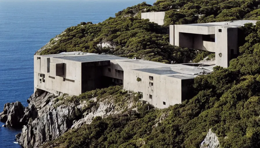 Image similar to big brutalist base perched on a cliff overlooking a magnificient bay, drawing architecture, pritzker architecture prize, greig fraser