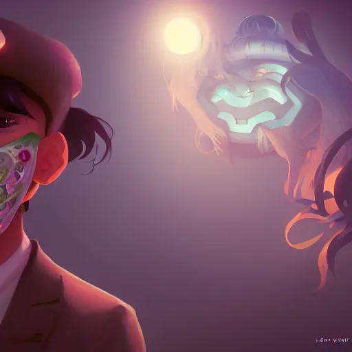 Prompt: a cinematic still of the happy mask salesman, art by lois van baarle and loish and ross tran and rossdraws and sam yang and samdoesarts and artgerm and saruei and disney, digital art, highly detailed, intricate, sharp focus, trending on artstation hq, deviantart, unreal engine 5, 4 k uhd image