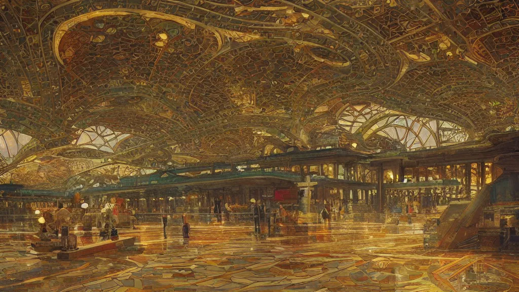 Prompt: a beautiful painting of an ornate airport designed by frank lloyd wright, with gold and mosaics, intricate, elegant, highly detailed, digital painting, artstation, concept art, by krenz cushart and artem demura and alphonse mucha