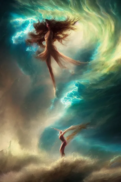 Image similar to a fractal dancer in a tornado emerges from a stormy sea by artgem and greg rutkowski, vivid colors, trippy, nebula, trending on artstation