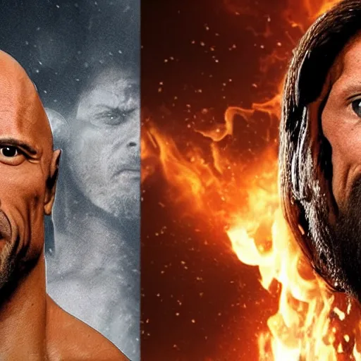 Prompt: Dwayne the Rock Johnson versus Jesus Christ, WWE wrestling match, hell in a cell