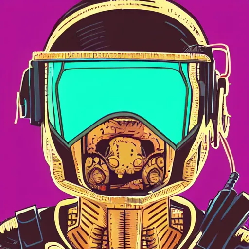 Prompt: in the style of max prentis and deathburger and laurie greasley close up of a smiling young explorer wearing a cyberpunk headpiece, highly detailed, intricate details, adventure time colour palette, 8k wallpaper
