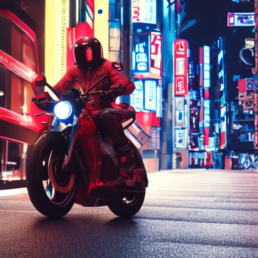 Prompt: ultra realistic render of Akira motorbike in the streets of Tokyo at night, octane render, cyberpunk, 8K, depth of field, bokeh, Akira moto, Akira red bike, ultra detailed, photorealistic