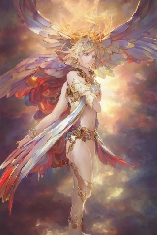 Image similar to a beautiful painting of sandalphon from granblue fantasy, wings with colorful feathers, ray of light, shimmering and prismatic, rococo, highly detailed, by krenz cushart and mucha, trending on artstation.