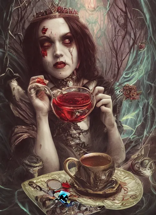 Image similar to Queen of Hearts drinking tea with Alice in wonderland,death tarot card,highly detailed,half skull face,cinematic,8k,by Stanley Artgermm,Tom Bagshaw,Greg Rutkowski,Carne Griffiths, Ayami Kojima, Beksinski, Giger,trending on DeviantArt,hyper detailed,horror, full of colour