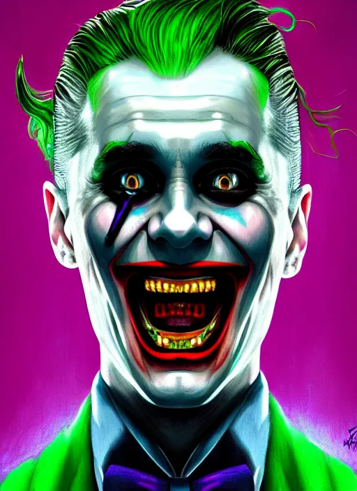 Image similar to portrait of jared leto as the joker, green hair, intricate, elegant, glowing lights, highly detailed, digital painting, artstation, concept art, sharp focus, illustration, art by wlop, mars ravelo and greg rutkowski