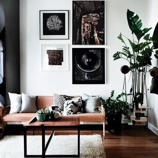 Image similar to living room interior design with style of japandi, ikea, warm wood, urban jungle plants, dark tile floor, art wall, music instruments, music records