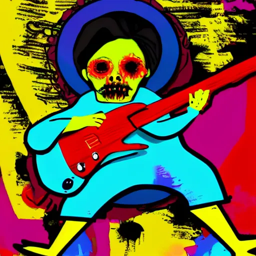 Image similar to Brightly colored zombie on stage, playing guitar in a metal band, digital art