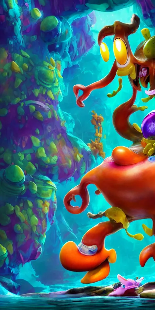 Image similar to rayman and ori in a colorful deep sea cave with strange cute friendly happy creatures with huge eyes, mouth, long tongue and round teeth appearing from sandy coral, in the style of gehry and gaudi, macro lens, shallow depth of field, ultra detailed, digital painting, trending artstation, concept art, illustration, cinematic lighting, photorealism, epic, octane render