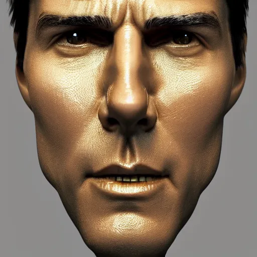 Image similar to tom cruise as a robot, digital art, octane render, highly detailed, featured on artstation, intricate gold etching
