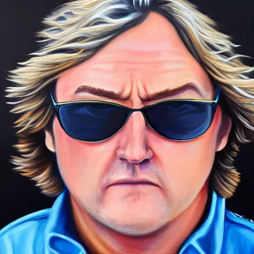 Prompt: Ultra realistic painting of badass James May wearing sunglasses, 4K, 105mm