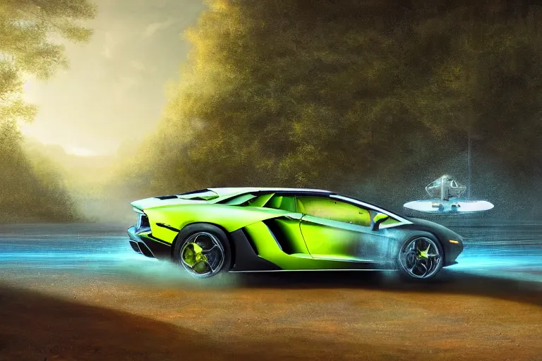 Image similar to a landscape photograph of a lamborghini aventador being chased by an alien spaceship through a vast serene landscape in a dystopian future, neon, river, trees, beautiful lighting, by lee madgwick