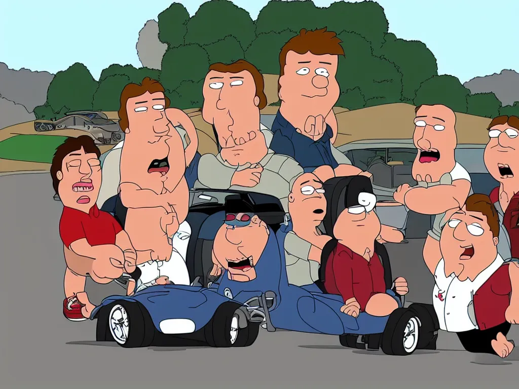 Prompt: bbc - show top gear shown in family guy style, 3 men in fast cars